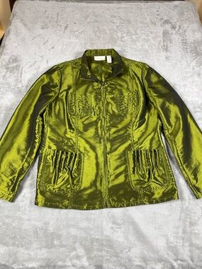 Chico's Woman’s Size 1 Medium 8-10 Olive Metallic Shimmer Lightweight Jacket